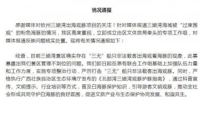 广西钦州市钦南区通报：三娘湾景区确实存在“三无”船只非法载客出海观看海豚现象 即日起实施专项整治行动